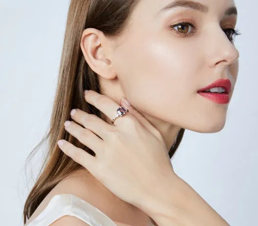 925 silver ring with quadrilateral inlaid Morgan stone in light brown, women's geometric jewellery