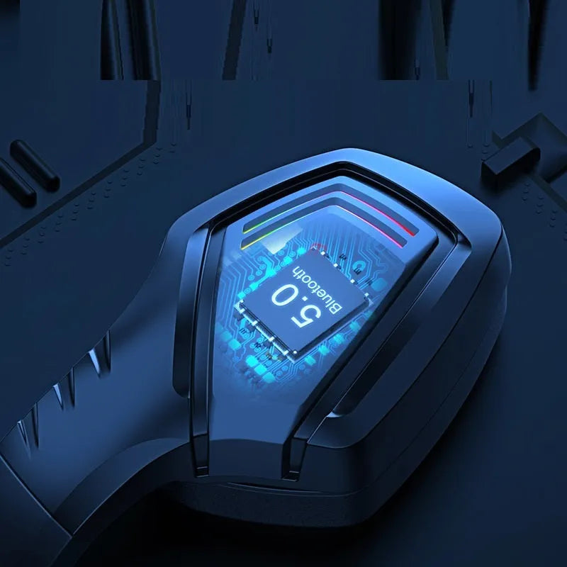 Black RGB wireless Bluetooth headset with noise reduction on a head model.