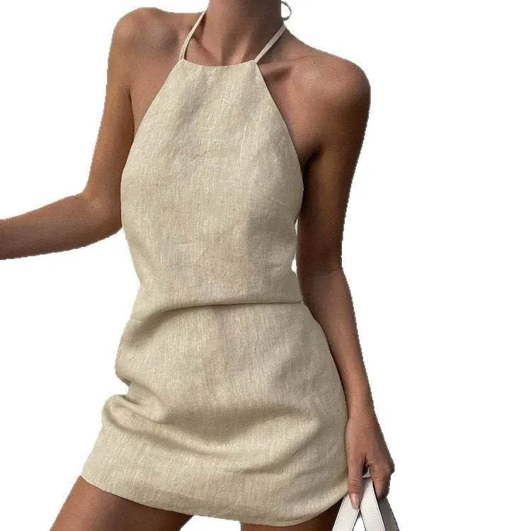 Solid colour women's linen summer dress with A-line skirt in sizes S, M, L