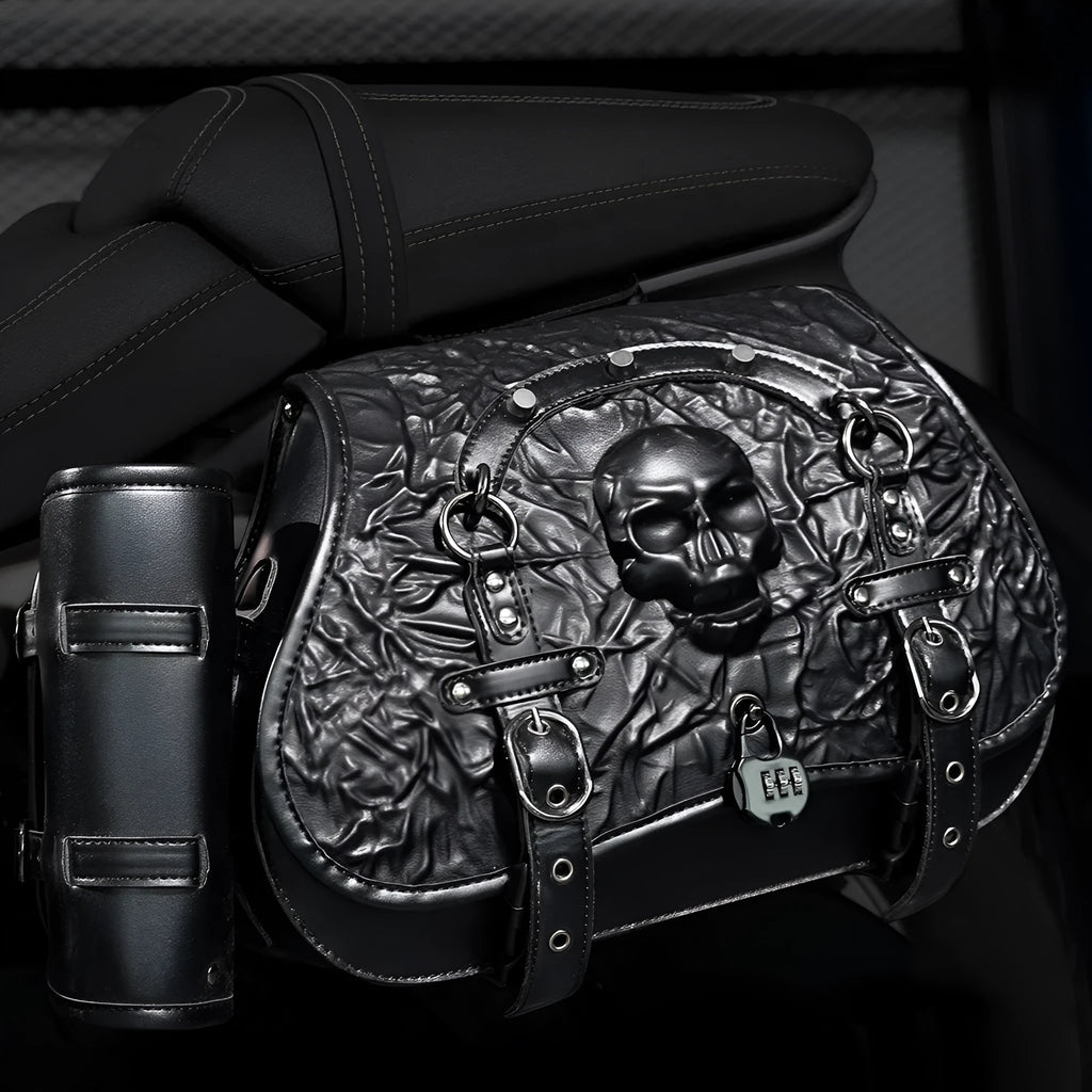 Pair of black PU synthetic leather motorcycle side luggage bags mounted on a modified bike frame.