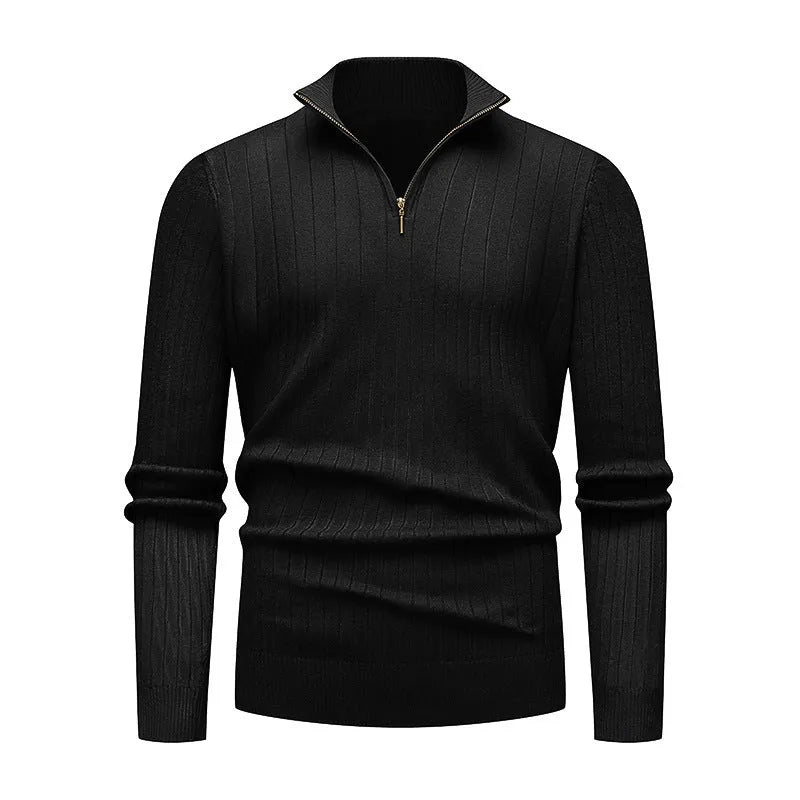 Men's half-zip striped knitwear sweater with stand collar and long sleeves in khaki, brown, dark grey, navy blue, or black