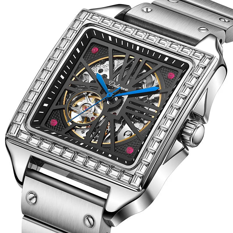 Square case automatic watch for men with diamond-studded bezel on a stainless steel bracelet