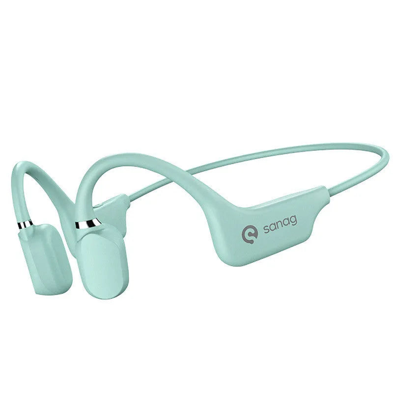 Wireless bone conduction neckband headphones in multiple colours shown worn during exercise.