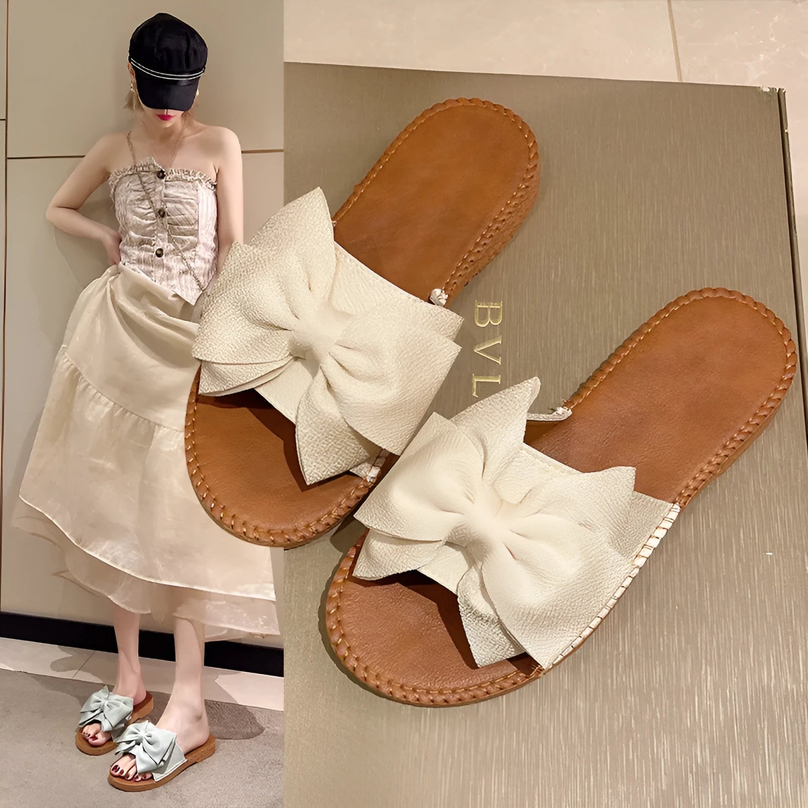 Women's slip-on cloth sandals with bow detail in beige, light green, and pink colours