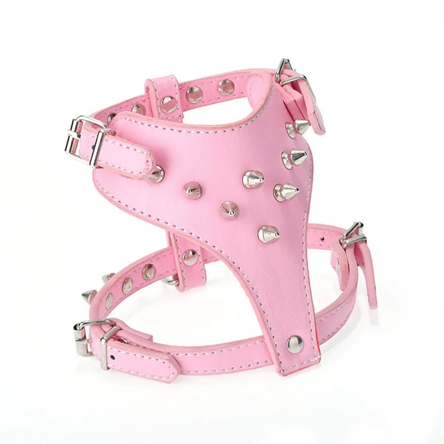 Black spiked studded PU leather dog harness vest with adjustable straps for small breeds