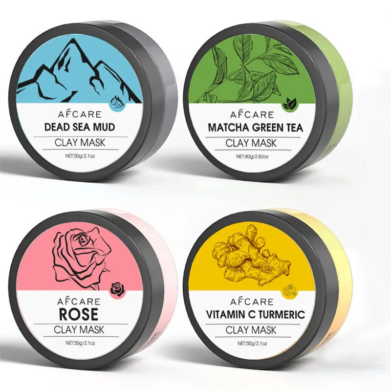 Four tubes of clay face mask set featuring Dead Sea mud, green tea, turmeric, and rose clay extracts.
