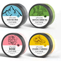 Four tubes of clay face mask set featuring Dead Sea mud, green tea, turmeric, and rose clay extracts.