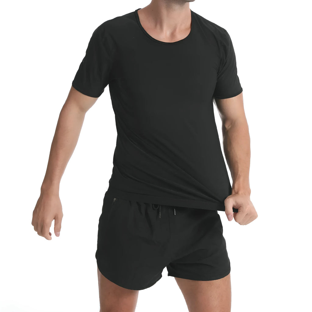 Men's black polyester short sleeve sweatshirt, solid colour, front view