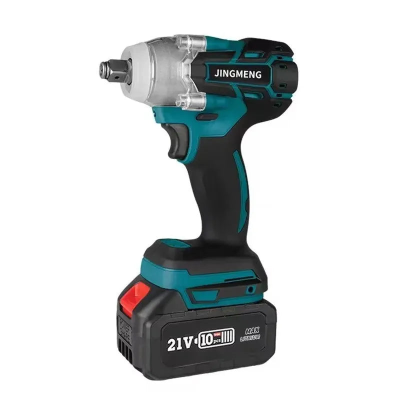 21V brushless electric impact wrench hand drill with lithium battery and 12.4mm chuck on workbench