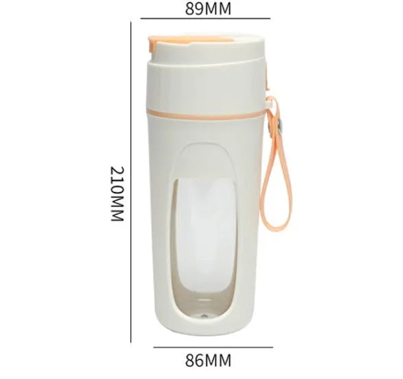 Portable USB rechargeable blender with borosilicate glass cup in fresh orange, grass green, and light purple colours.