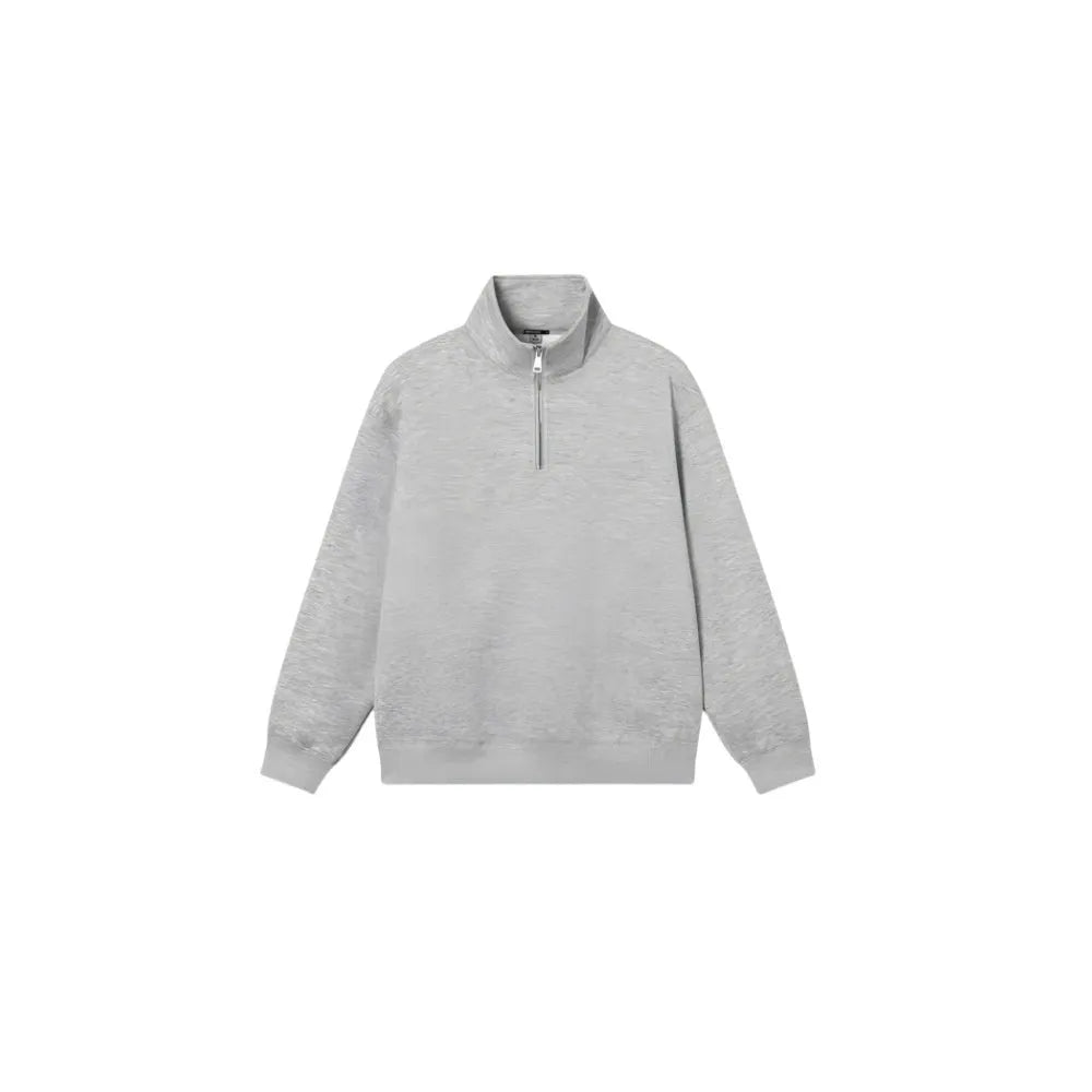Grey half zip stand collar cotton sweater with long sleeves and grinding finish