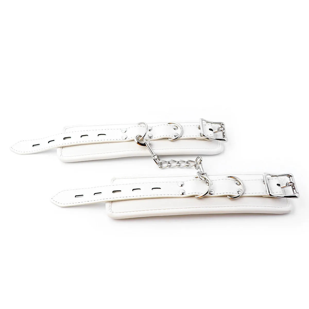 White PU sponge bondage set showing soft handcuffs, ankle cuffs, and a neck scarf laid out.