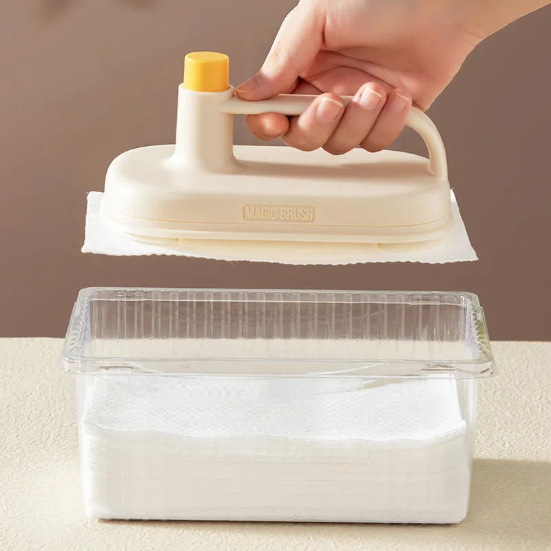 Disposable Magic Cleaning Brush with plastic handle, storage box, and 50 white non-woven fabric rag refills.
