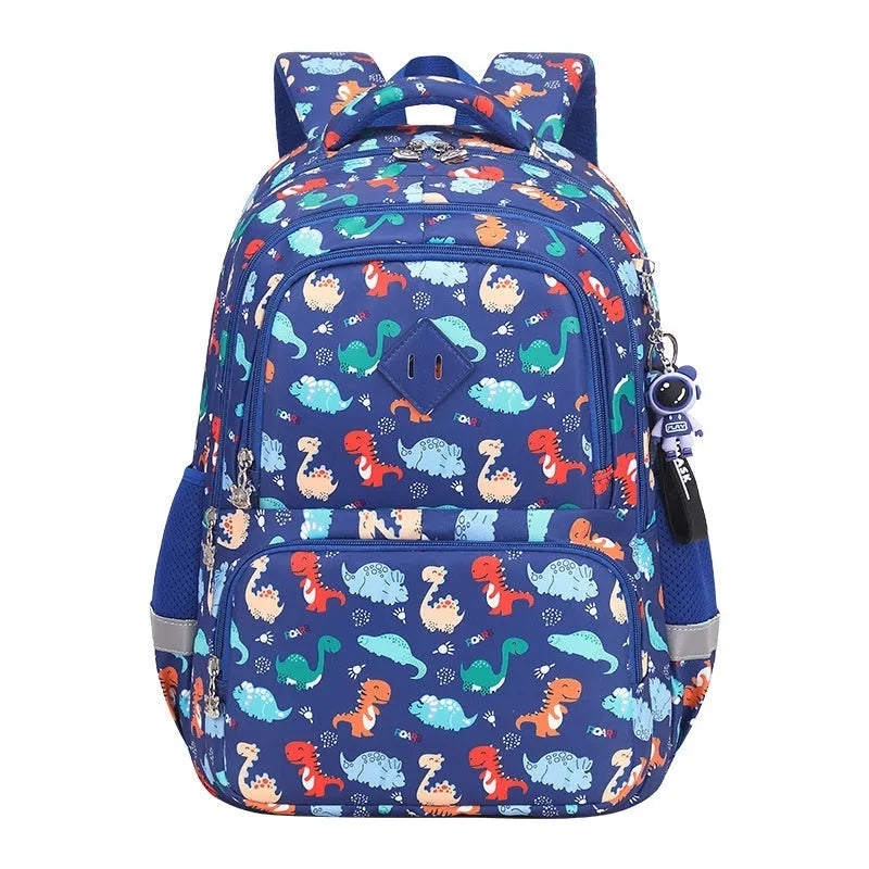 Blue children's dinosaur print school backpack with curved straps on a white background.