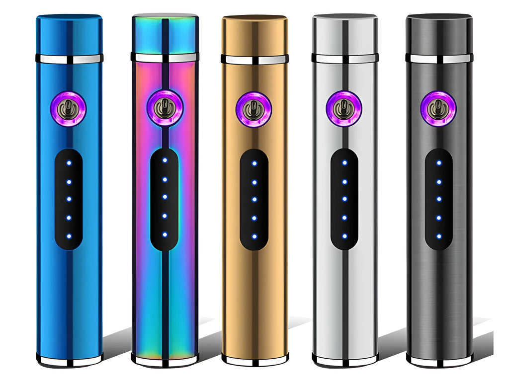 USB electronic cigarette lighter with metal cylindrical body, 8.4 x 1.4 cm, in black colour option