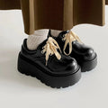 Matte black women's lace-up high-heel shoes with a thick sole and an English muffin heel.