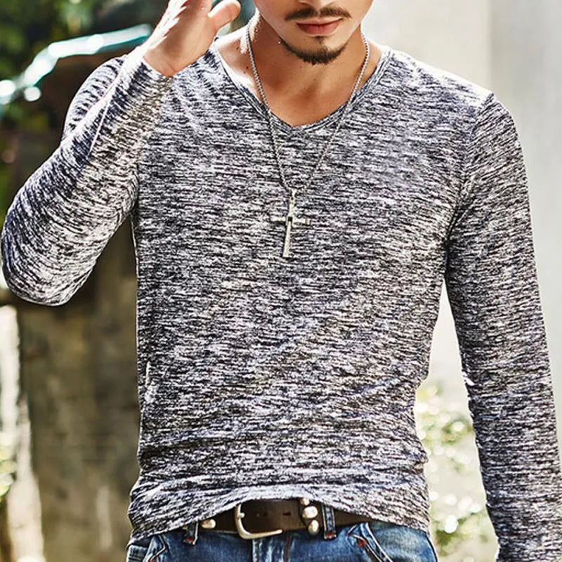 Men's long sleeve slim fit round-neck T-shirt in beige, black, blue, green, red options sizes M to 3XL for spring autumn