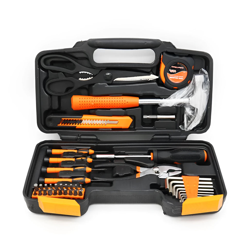 Orange 39 piece combination tool set with 45C carbon steel and chrome vanadium steel, 1.4 kg household kit