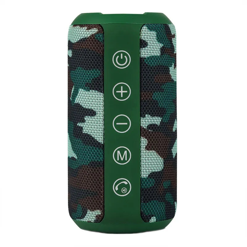 Outdoor waterproof Bluetooth speaker in black, camouflage, grey, or red colour.
