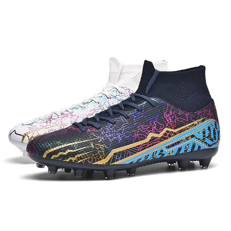 High-top youth spike turf soccer shoes in spike-black with rubber sole and PVC upper on artificial grass