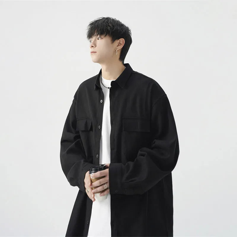 Men's loose large size casual work shirt jacket in black, polyester blend, long sleeves, regular length