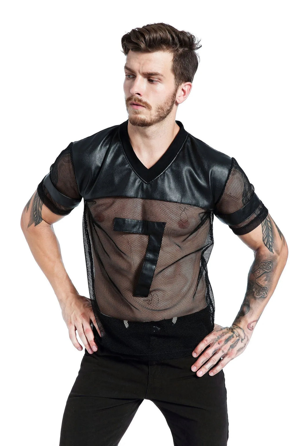 Black men's V-neck polyester sports t-shirt with mesh stitching detail on a hanger.