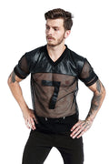 Black men's V-neck polyester sports t-shirt with mesh stitching detail on a hanger.