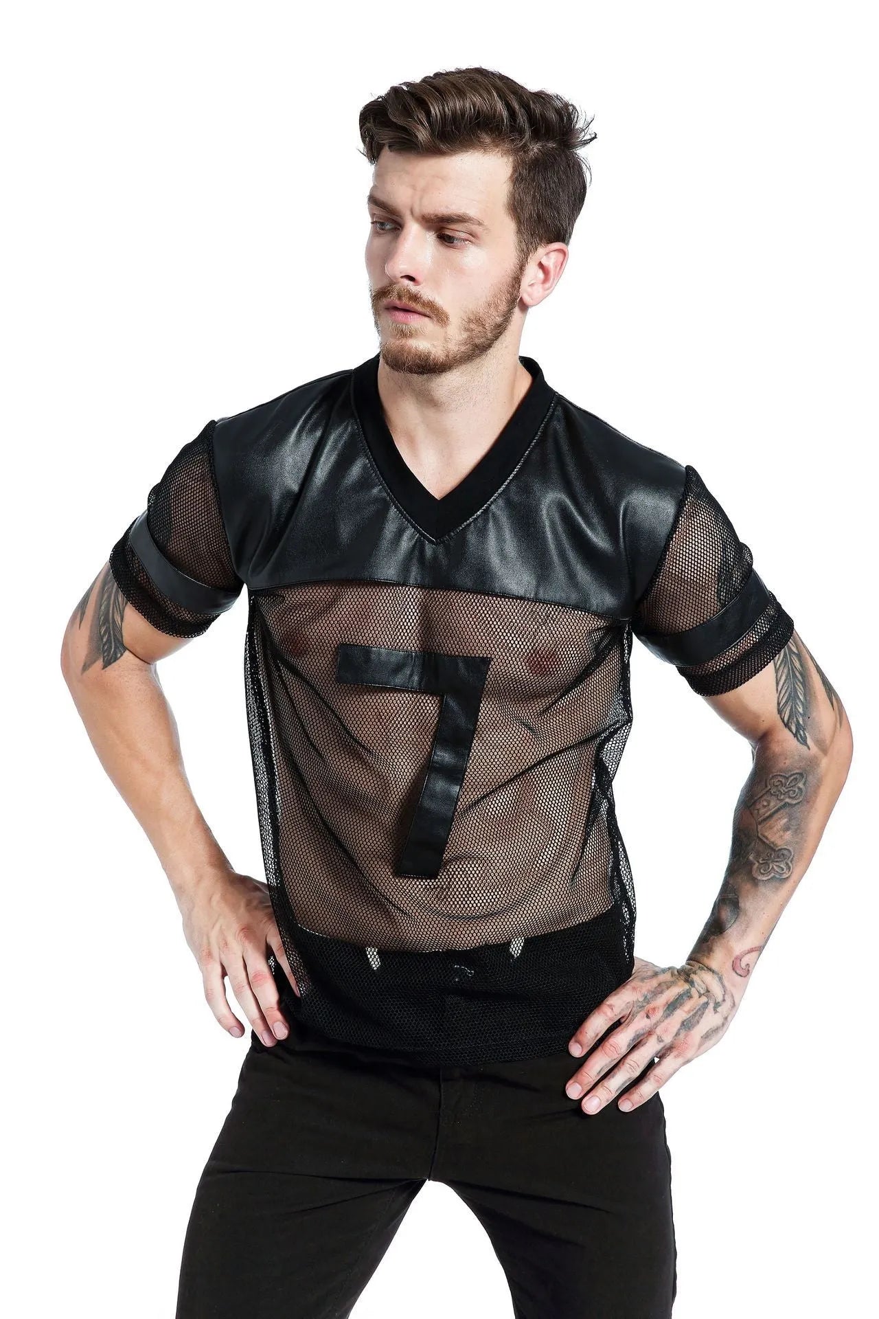 Black men's V-neck polyester sports t-shirt with mesh stitching detail on a hanger.