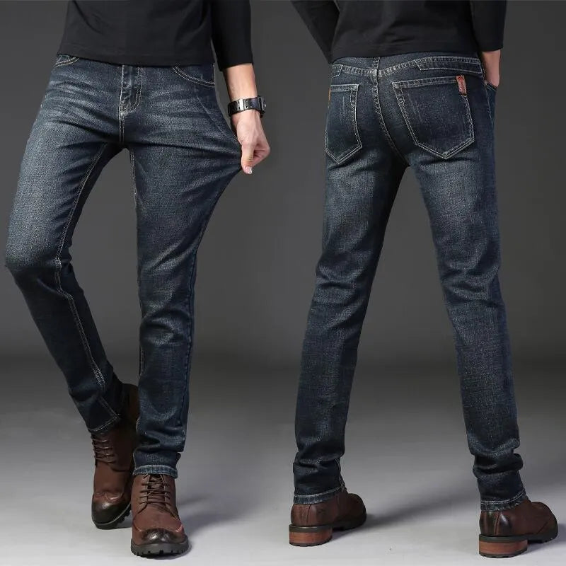 Men's summer thin straight slim stretch casual cotton trousers in blue, mid waist with zipper fly