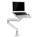 Aluminium alloy computer stand with adjustable arm bracket in silver colour supporting a laptop