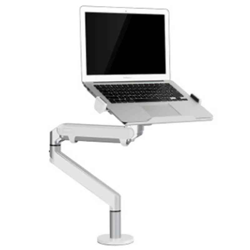 Aluminium alloy computer stand with adjustable arm bracket in silver colour supporting a laptop