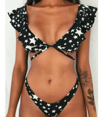 Yellow floral print split bikini swimsuit set with top and pants on a mannequin