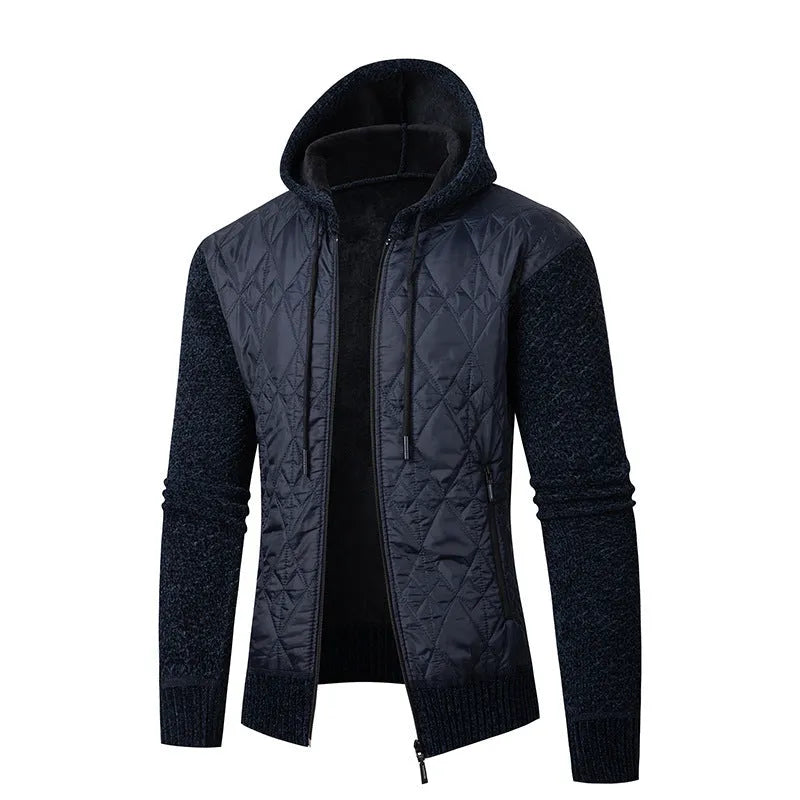 Men's grey hooded sweater coat cardigan with corduroy texture, cinched waist.