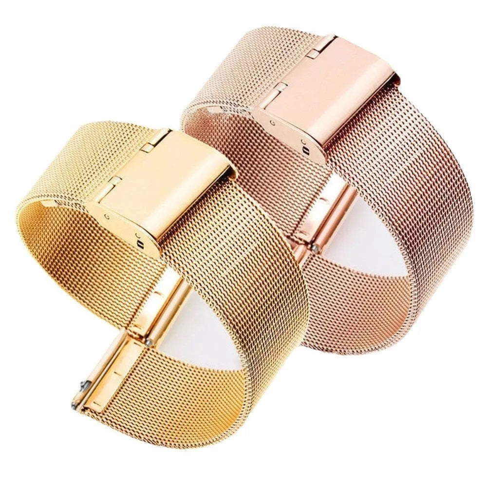 Milani silk woven stainless steel watch band in silver, black, rose gold, and gold colours showing six bandwidth sizes from 12mm to 22mm