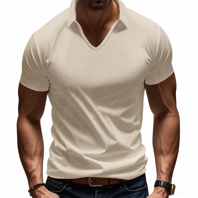 Men's loose fit solid colour V-neck short sleeve t-shirt on a hanger.