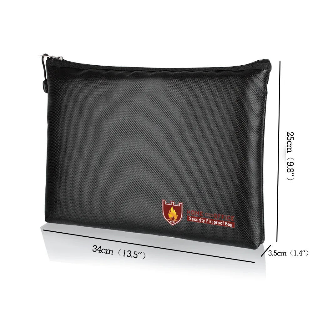 Black fire-proof contract document bag showing three size options for A4 paperwork storage