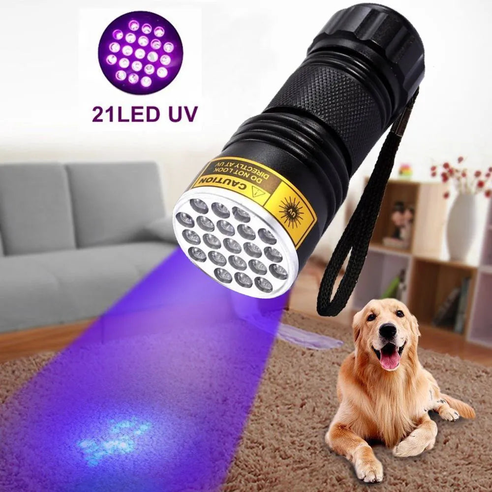 21 LED UV flashlight with violet light in silver aluminium alloy body