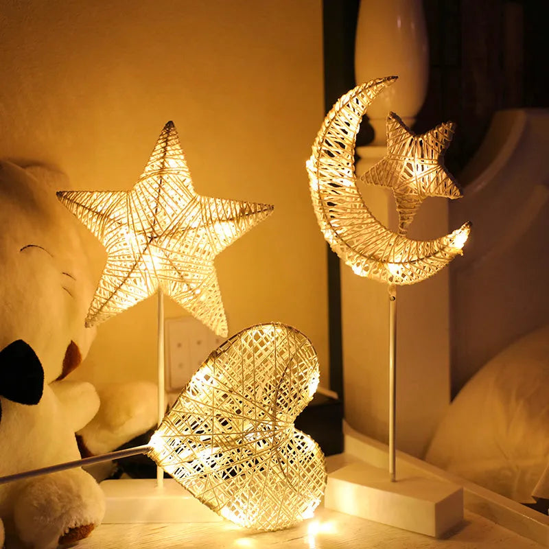 Rattan and copper wire LED decorative lamp in star, heart or moon shape for bedroom