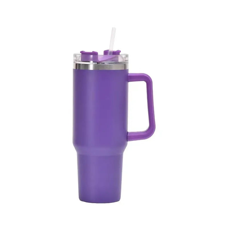 40oz stainless steel insulated cup in blue with handle and lock catch lid on a white background
