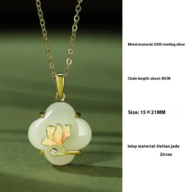 Magnolia Hetian jade jewellery set with sterling silver necklace, bracelet and earrings in New Chinese style