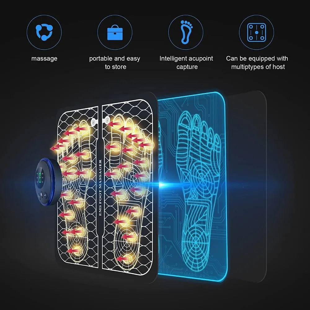 Rechargeable portable foot massage pad with infrared and EMS micro current, USB charging, push-button control