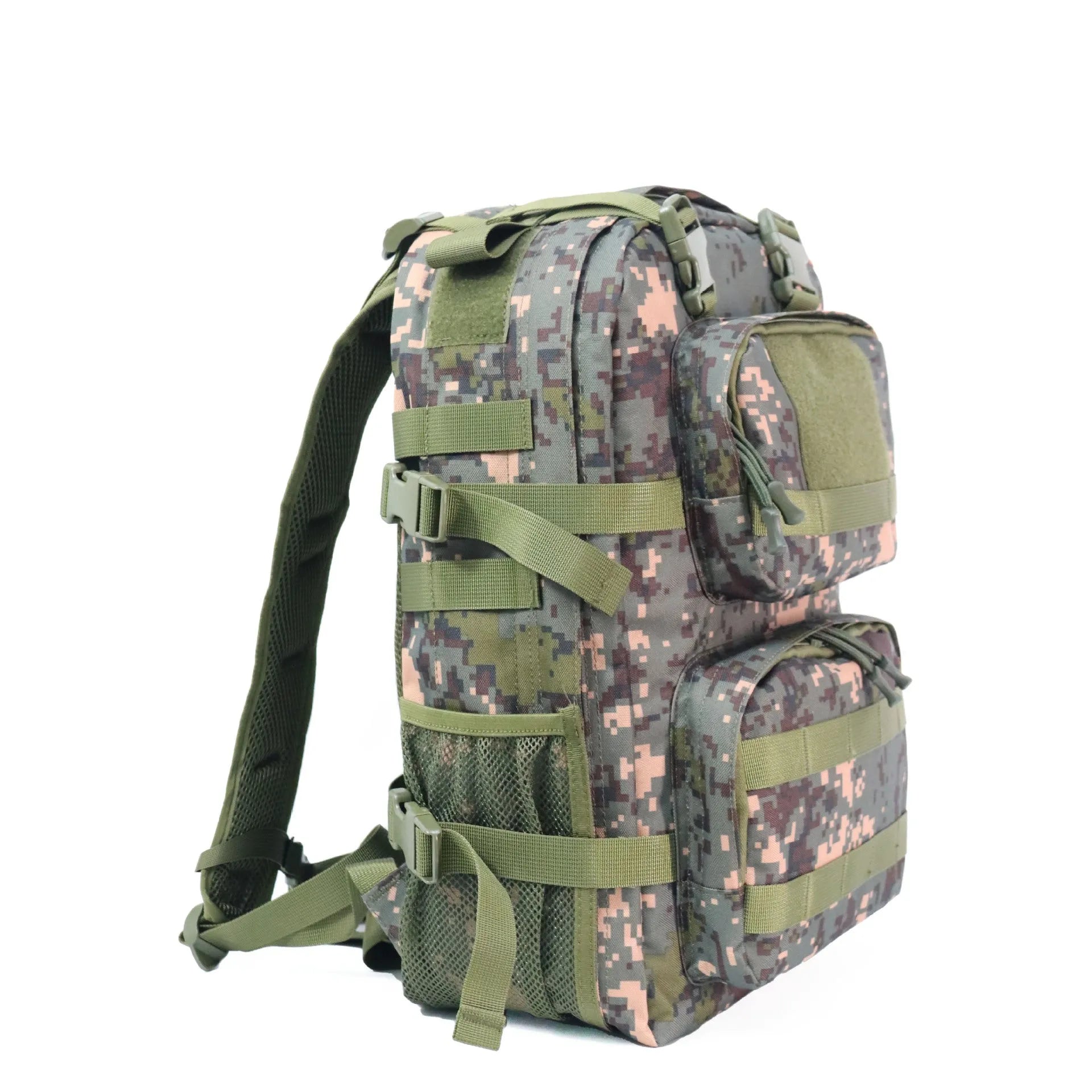 Camouflage pattern waterproof outdoor rucksack with 30x15x46 cm Oxford cloth construction and air pillow belt system