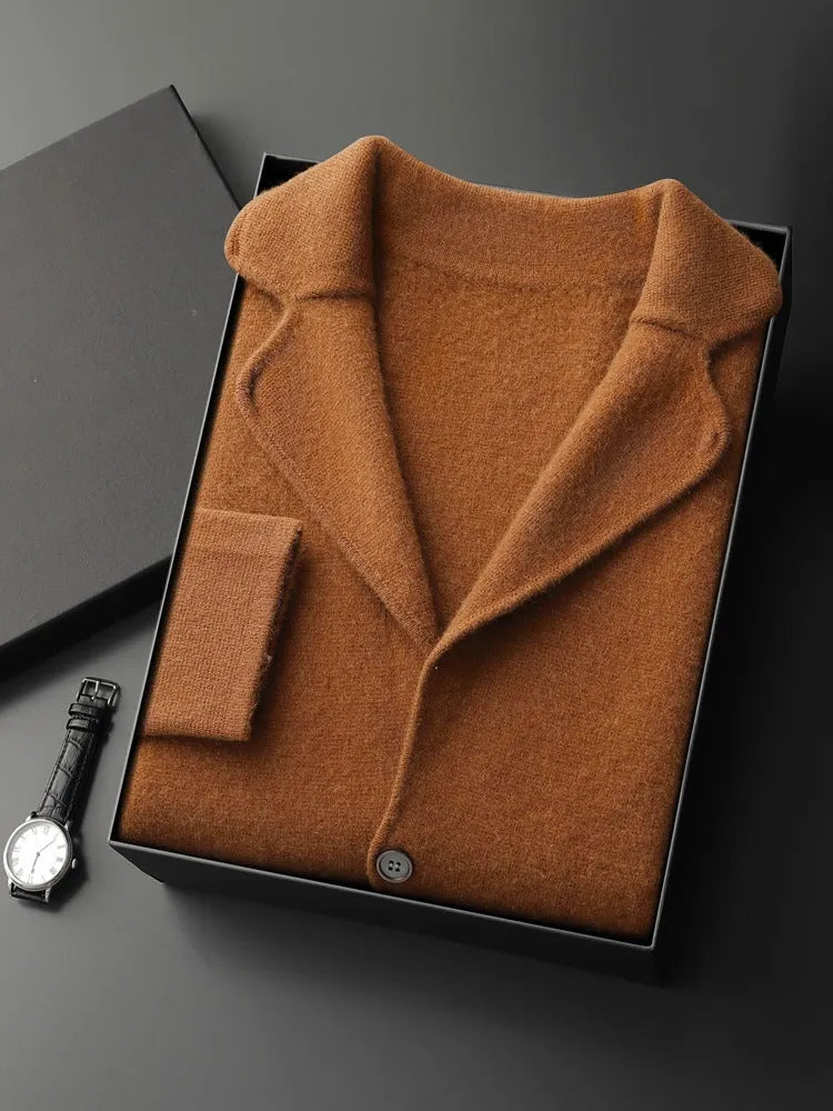 Men's cashmere lapel cardigan knitted jacket in light grey colour showing thickening construction
