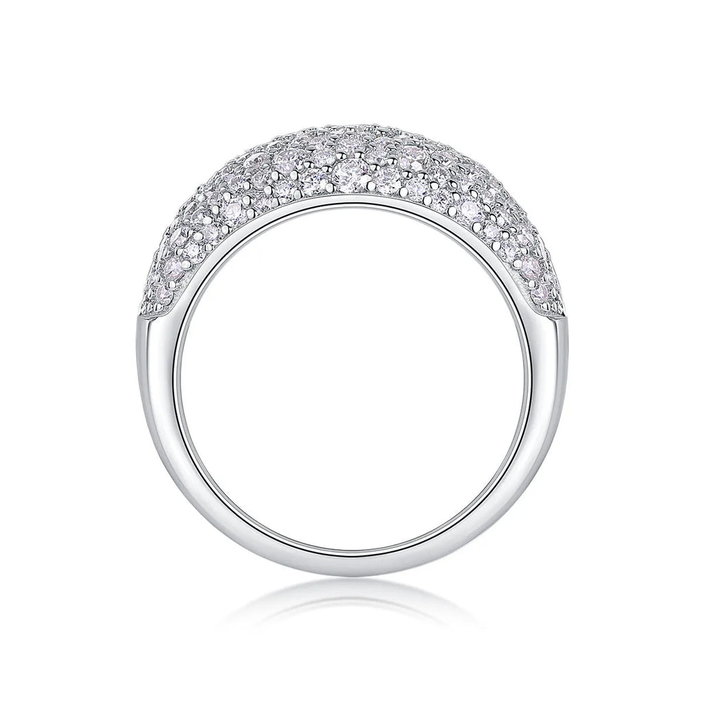 Moissanite wedding ring set in S925 silver with platinum plating, starry night design, on a white background