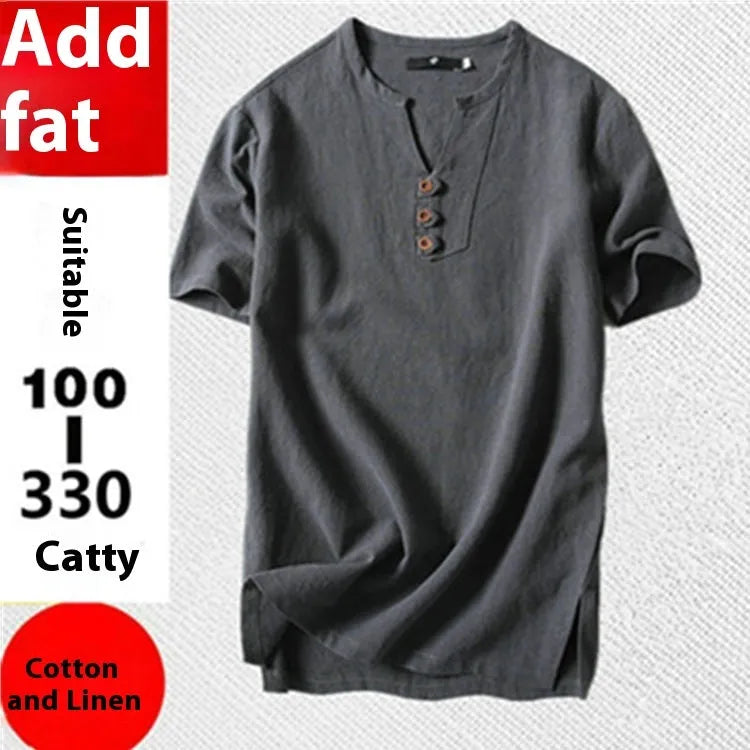 Man wearing a loose grey cotton and linen short-sleeve T-shirt, casual fit.