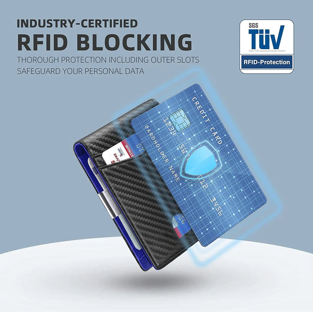 PU leather RFID anti-theft wallet with multiple card slots in carbon fibre black, measuring 11 x 7.9 cm