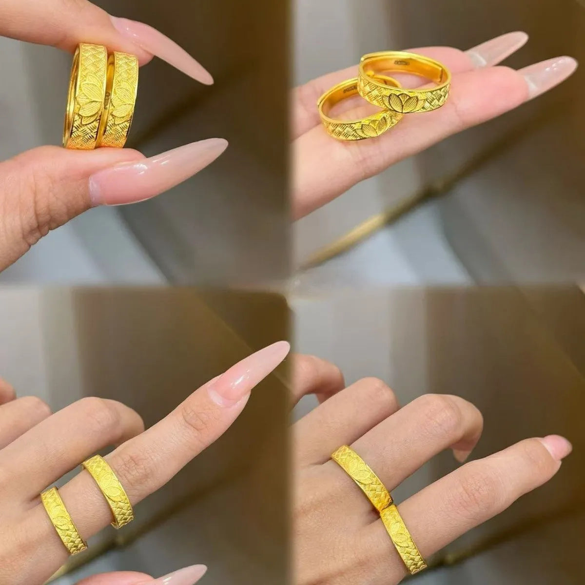 Brass Chinese lotus double happiness ring with adjustable opening in ancient couple style