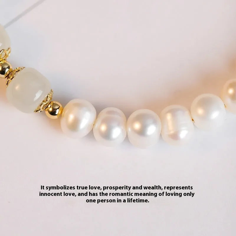 Korean style freshwater pearl bracelet with diamond shapes in deep or light Hetian jade colour.