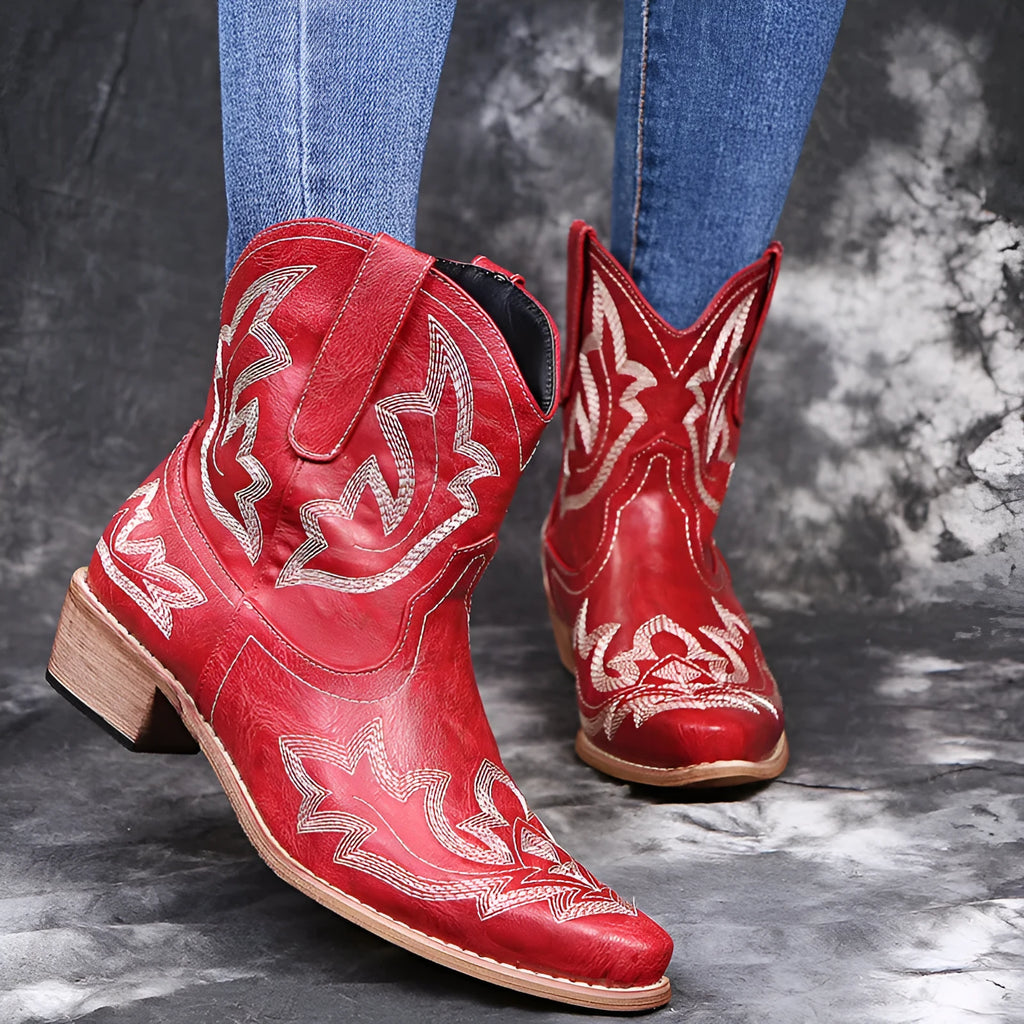 Women's embroidered cowboy boots with wedge heel in blue colour showing pointed toe and decorative stitching