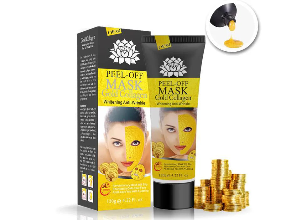 Gold Collagen Peel off Mask in a 120g container with mud formulation for anti-aging and acne treatment